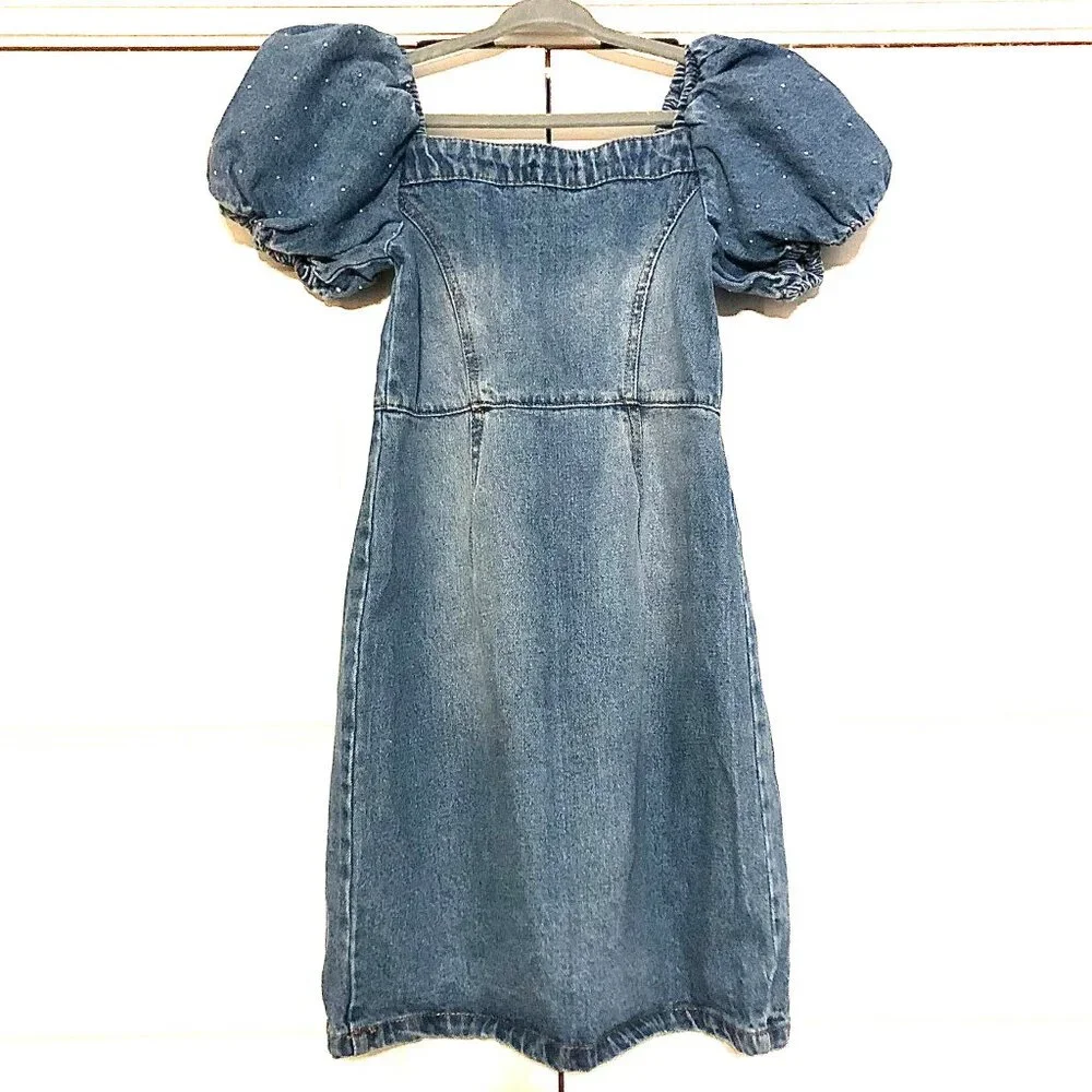 NWT TRUCE Pretty Chic Rhinestone Puff Sleeve Denim Dress S (7-8)